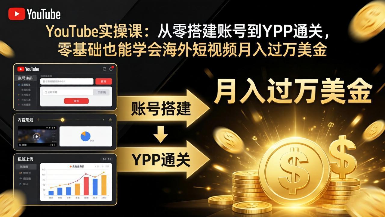 YouTube实操课：从零搭建账号到YPP通关，零基础也能学会海外短视频月入过万美金-明楼资源站