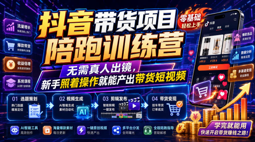 抖音带货项目陪跑训练营，无需真人出镜，新手照着操作就能产出带货短视频-明楼资源站