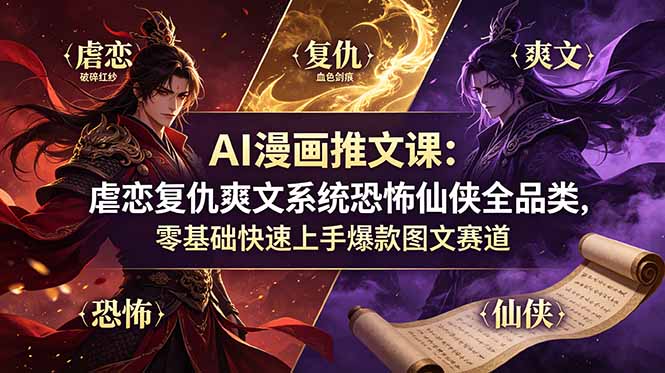 AI漫画推文课：虐恋复仇爽文系统恐怖仙侠全品类，零基础快速上手爆款图文赛道-明楼资源站