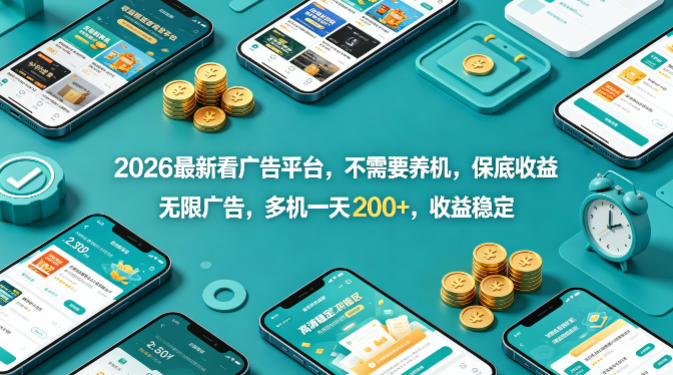 2026最新看广告平台，不需要养机，保底收益，无限广告，多机一天200+，收益稳定【揭秘】-明楼资源站