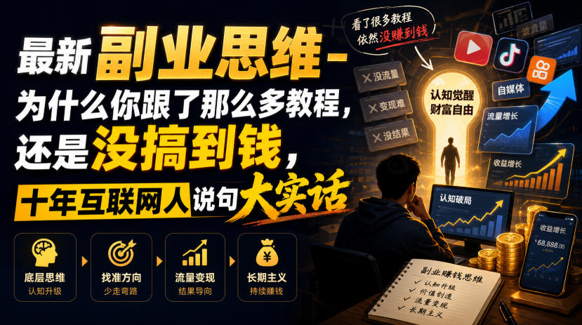 最新副业思维-为什么你跟了那么多教程，还是没搞到钱，十年互联网人说句大实话【揭秘】-明楼资源站