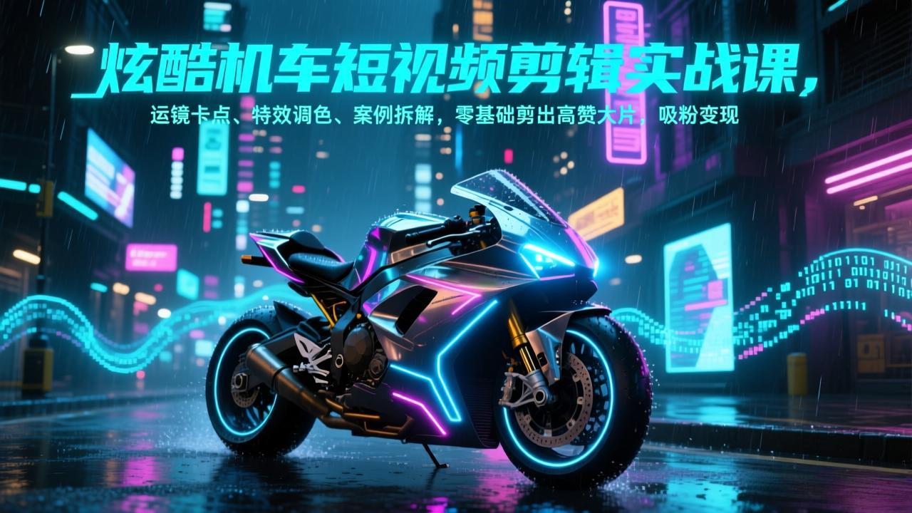 炫酷机车短视频剪辑实战课，运镜卡点、特效调色、案例拆解，零基础剪出高赞大片，吸粉变现-明楼资源站