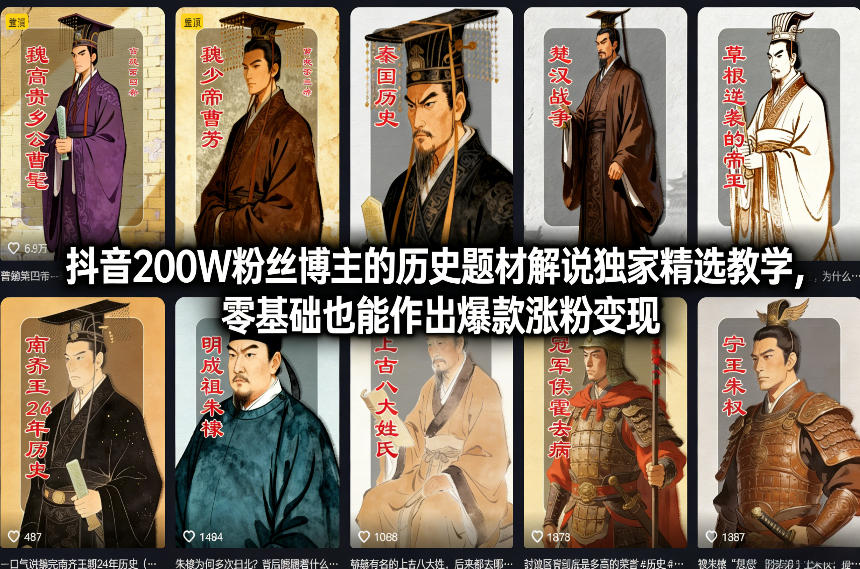 抖音200W粉丝博主的历史题材解说独家精选教学，零基础也能作出爆款涨粉变现-明楼资源站