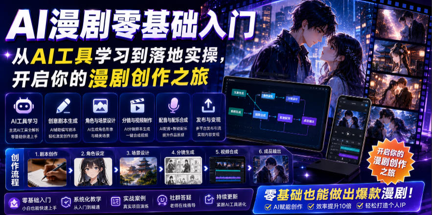 AI漫剧零基础入门，从AI工具学习到落地实操，开启你的漫剧创作之旅-明楼资源站