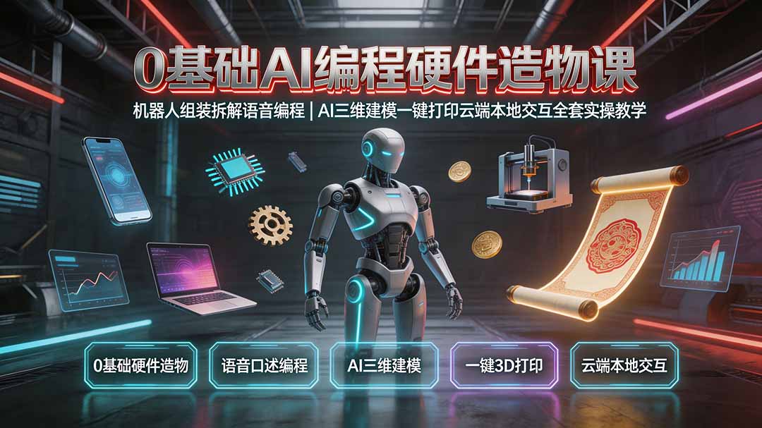 0基础AI编程硬件造物课｜机器人组装拆解语音编程，AI三维建模一键打印云端本地交互全套实操教学-明楼资源站