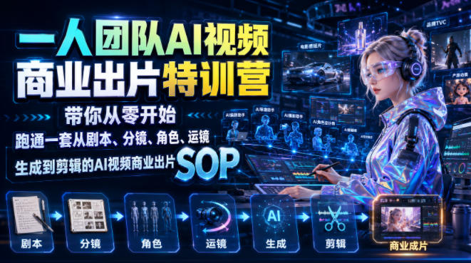 一人团队AI视频商业出片实战课：带你从零开始跑通一套从剧本、分镜、角色、运镜、生成到剪辑的AI视频商业出片SOP-明楼资源站