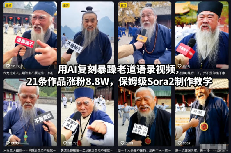 用AI复刻暴躁老道语录视频，21条作品涨粉8.8W，保姆级Sora2制作教学-明楼资源站