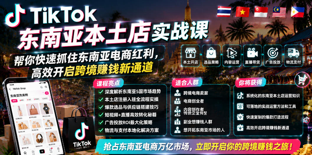 TikTok东南亚本土店实战课，帮你快速抓住东南亚电商红利，高效开启跨境賺钱新通道-明楼资源站