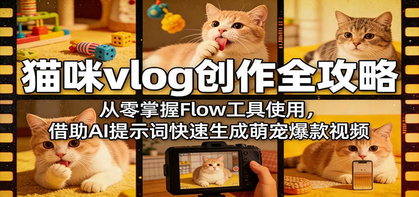 猫咪vlog创作全攻略：从零掌握Flow工具使用，借助AI提示词快速生成萌宠爆款视频-明楼资源站