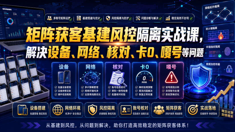 矩阵获客基建风控隔离实战课，解决设备、网络、核对、卡0、嘎号等问题-明楼资源站