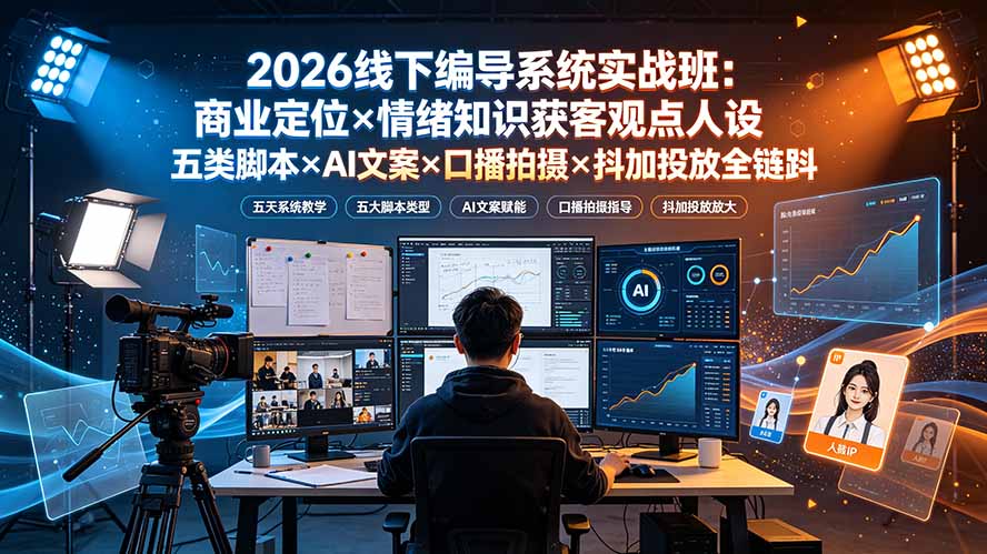 2026线下编导系统实战班：商业定位×情绪知识获客观点人设五类脚本×AI文案×口播拍摄×抖加投放全链路-明楼资源站