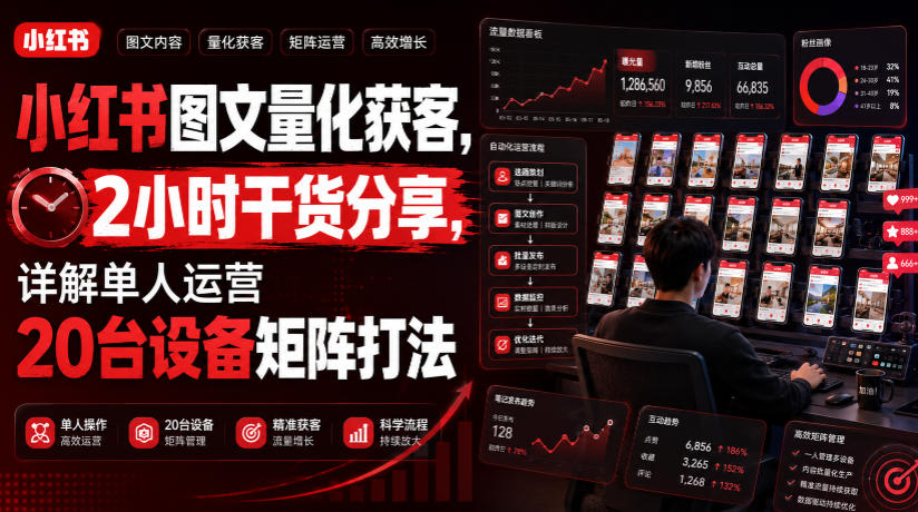 小红书图文量化获客，2小时干货分享，详解单人运营20台设备矩阵打法-明楼资源站