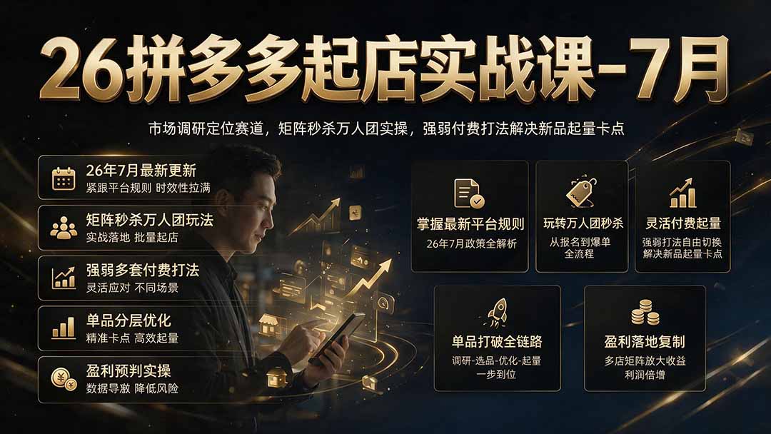 26拼多多起店实战课-7月｜市场调研定位赛道，矩阵秒杀万人团实操，强弱付费打法解决新品起量卡点-明楼资源站