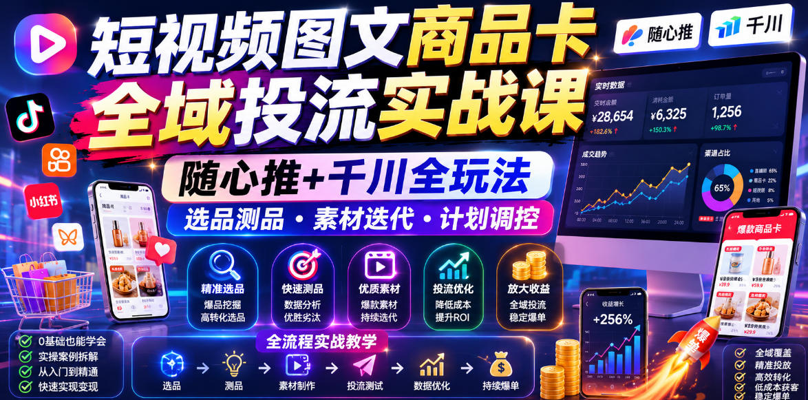 短视频图文商品卡全域投流实战课，随心推+千川全玩法，选品测品・素材迭代・计划调控，提升ROI爆单增收教程-明楼资源站