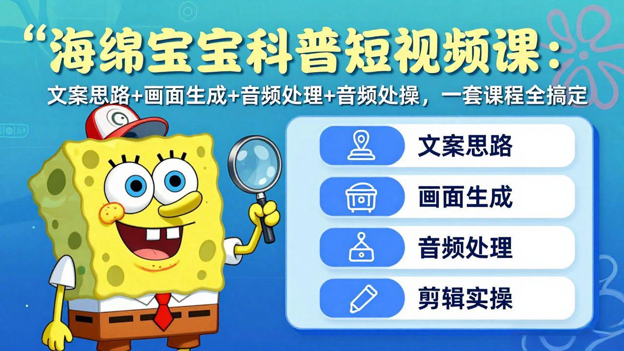 海绵宝宝科普短视频课：文案思路+画面生成+音频处理+剪辑实操，一套课程全搞定-明楼资源站