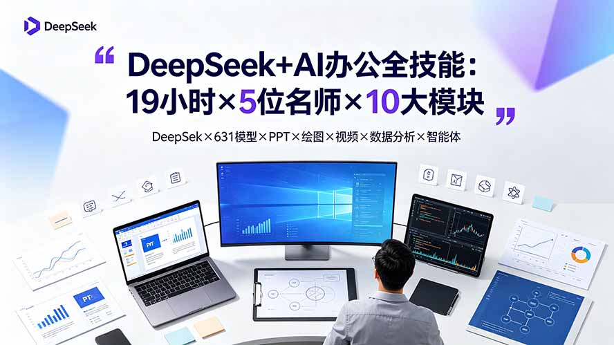 DeepSeek+AI办公全技能：19小时×5位名师×10大模块，DeepSeek×631模型×PPT×绘图×视频×数据分析×智能体-明楼资源站