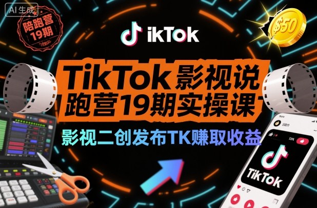 TikTok影视解说陪跑营19期实操课,影视二创发布TK賺取收益,万播收益50美金-明楼资源站