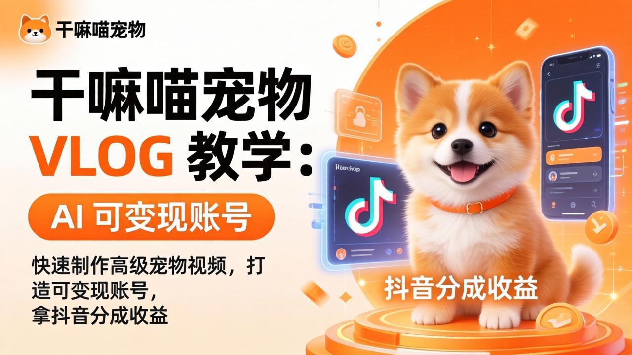 干嘛喵宠物 VLOG 教学：AI 快速制作高级宠物视频，打造可变现账号，拿抖音分成收益-明楼资源站
