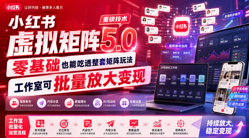小红书虚拟矩阵5.0重磅技术，零基础也能吃透整套矩阵玩法，工作室可批量放大变现-明楼资源站