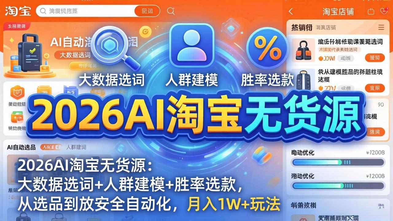 2026AI淘宝无货源：大数据选词+人群建模+胜率选款，从选品到放大全自动化，月入1W+玩法-明楼资源站