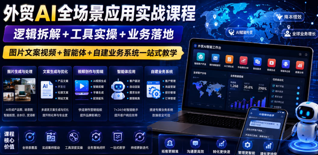 外贸AI全场景应用实战课程｜逻辑拆解+工具实操+业务落地，图片文案视频+智能体+自建业务系统一站式教学-明楼资源站