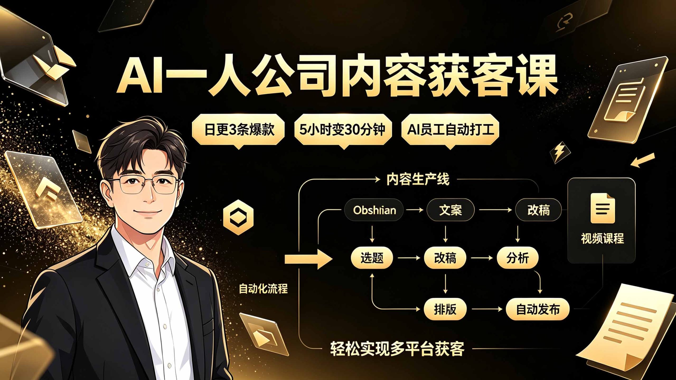 AI一人公司内容获客课：日更3条爆款×5小时变30分钟×AI员工自动打工，轻松实现多平台获客-明楼资源站