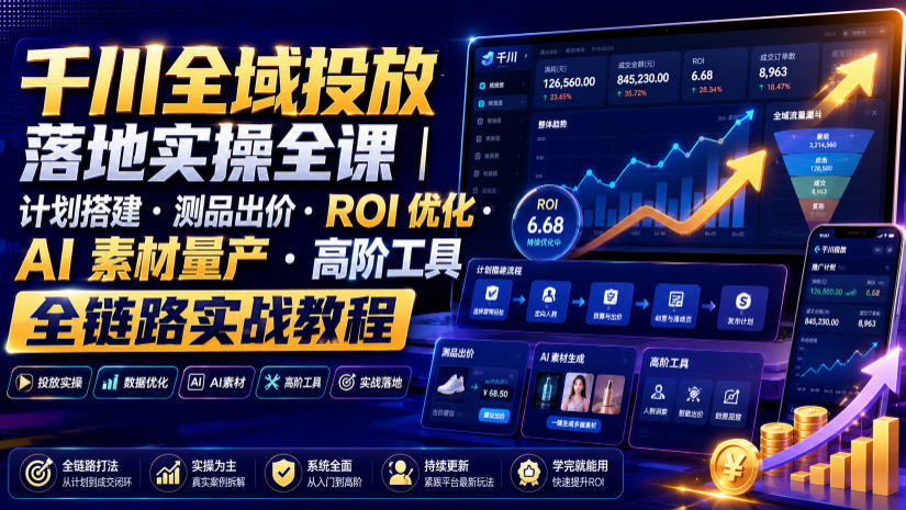 千川全域投放落地实操全课｜计划搭建・测品出价・ROI优化・AI素材量产・高阶工具全链路实战教程-明楼资源站