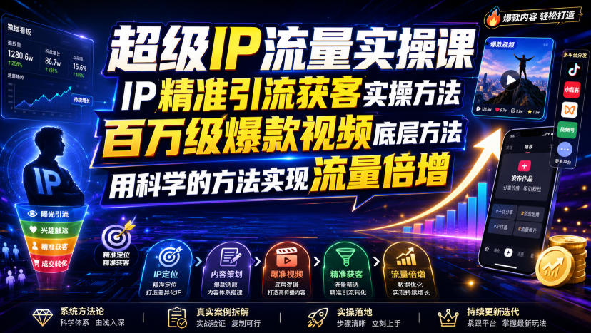 超级IP流量实操课，IP精准引流获客实操方法，百万级爆款视频底层方法，用科学的方法实现流量倍增-明楼资源站