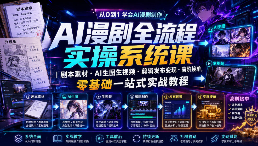 AI漫剧全流程实操系统课｜剧本素材・AI生图生视频・剪辑发布变现・高阶接单，零基础一站式实战教程-明楼资源站