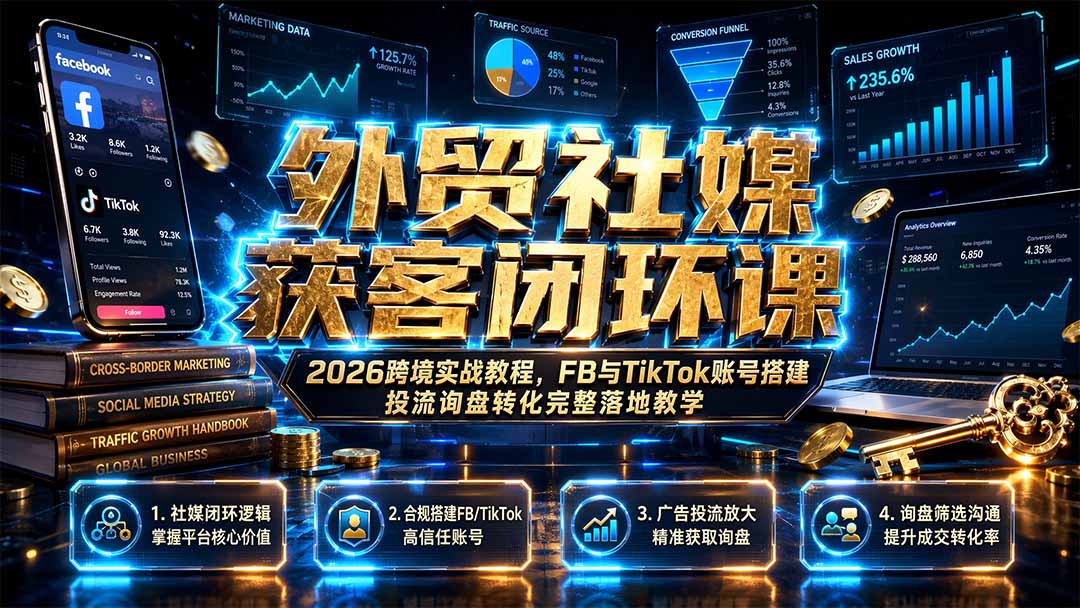 外贸社媒获客闭环课｜2026跨境实战教程，FB与TikTok账号搭建投流询盘转化完整落地教学-明楼资源站