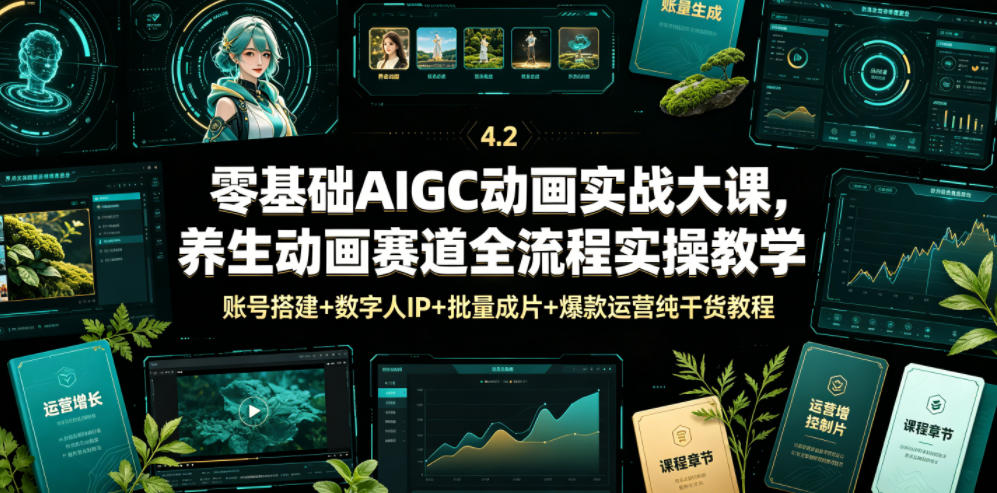 零基础AIGC动画实战大课，养生动画赛道全流程实操教学，账号搭建+数字人IP+批量成片+爆款运营纯干货教程-明楼资源站