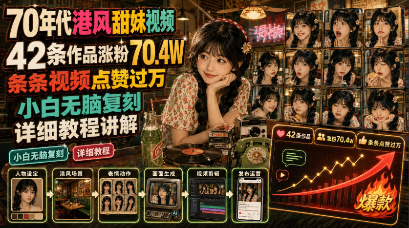 70年代港风甜妹视频，42条作品涨粉70.4W，条条视频点赞过万，小白无脑复刻，详细教程讲解-明楼资源站