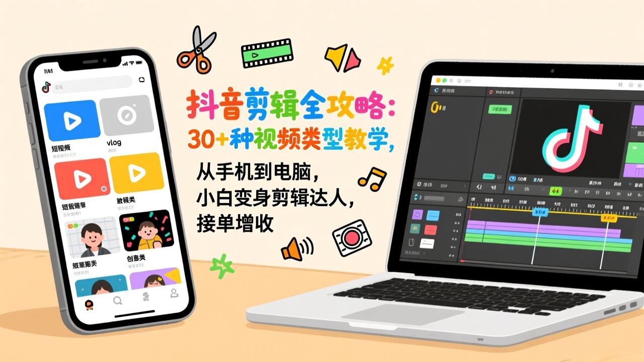 抖音剪辑全攻略：30+种视频类型教学，从手机到电脑，小白变身剪辑达人，接单增收-明楼资源站