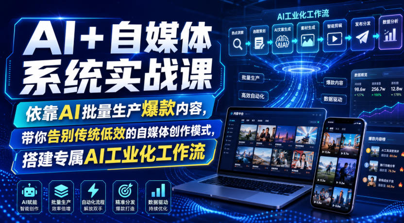 AI+自媒体系统实战课，依靠AI批量生产爆款内容，带你告别传统低效的自媒体创作模式，搭建专属AI工业化工作流-明楼资源站