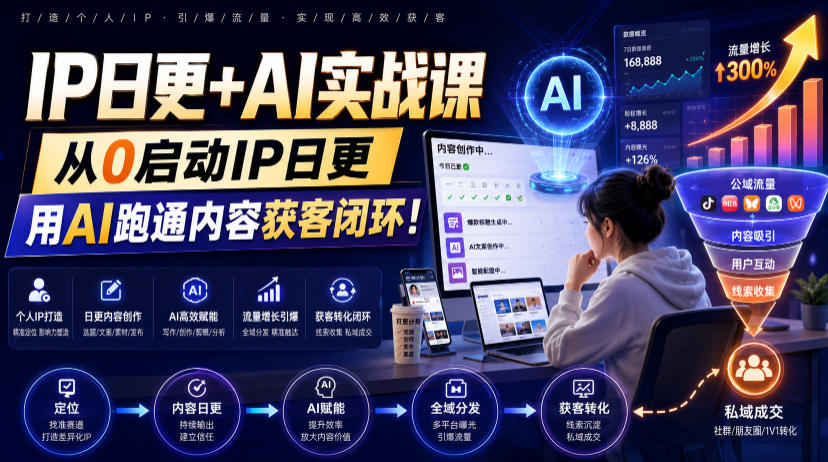 IP日更+AI实战课，从0启动IP日更，IP置顶视频制作+100条选题库搭建+10条日更规划，用AI跑通内容获客闭环!-明楼资源站