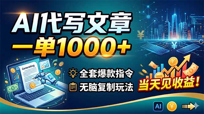 AI代写文章，一单1000+，全套爆款指令+无脑复制玩法，当天见收益！-明楼资源站