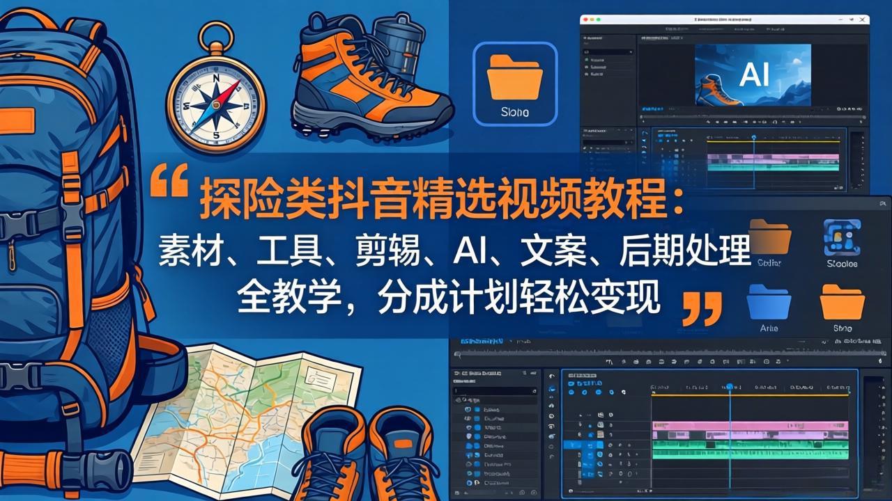 探险类抖音精选视频教程：素材、工具、剪辑、AI、文案、后期处理全教学，分成计划轻松变现-明楼资源站