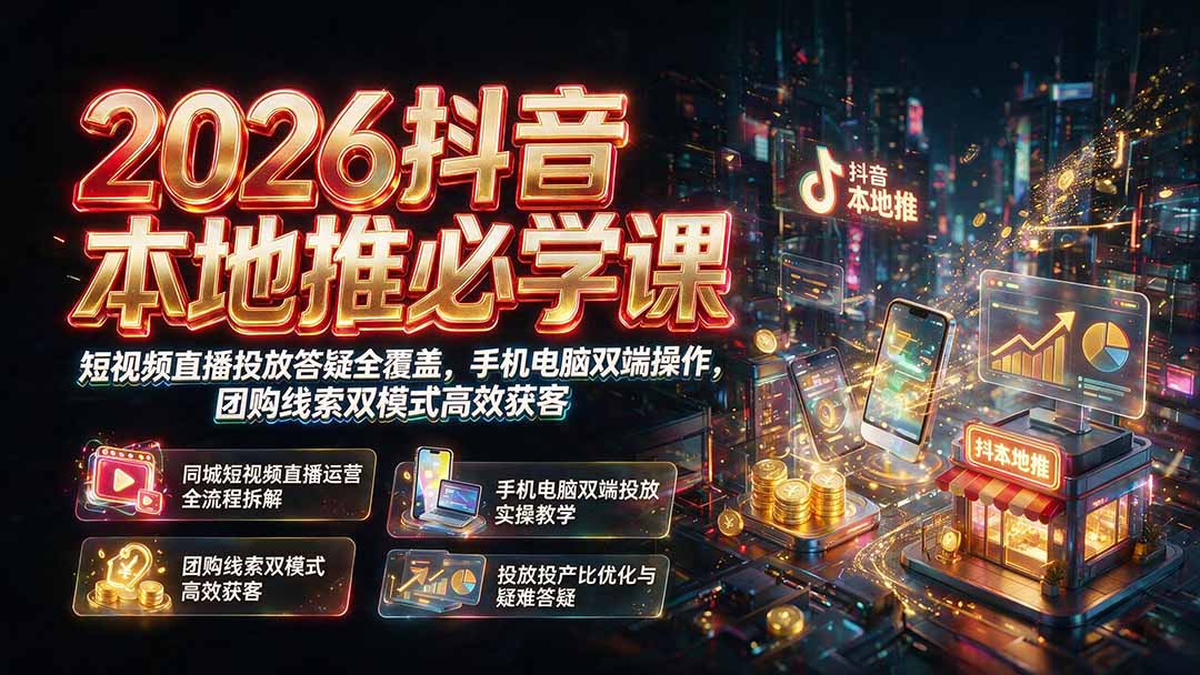 2026抖音本地推必学课｜短视频直播投放答疑全覆盖，手机电脑双端操作，团购线索双模式高效获客-明楼资源站