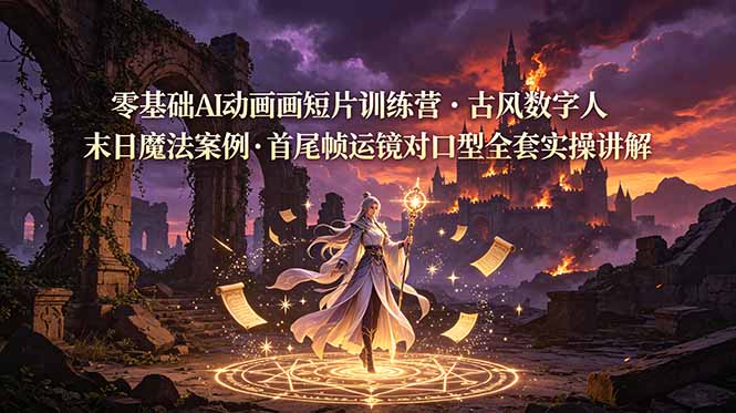 零基础AI动画短片训练营，古风数字人末日魔法案例，首尾帧运镜对口型全套实操讲解-明楼资源站