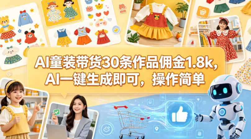 AI童装带货30条作品佣金1.8k，AI一键生成即可，操作简单-明楼资源站