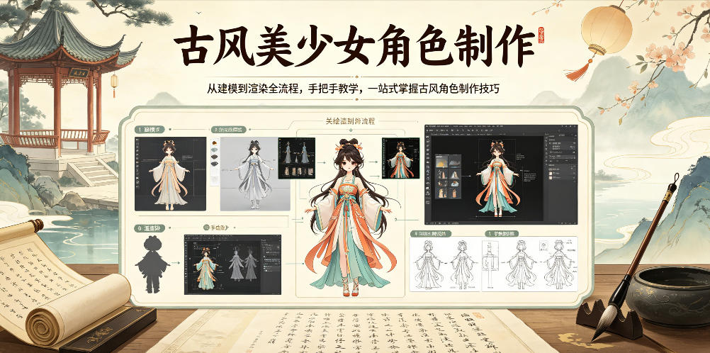 古风美少女角色制作，从建模到渲染全流程，手把手教学，一站式掌握古风角色制作技巧-明楼资源站