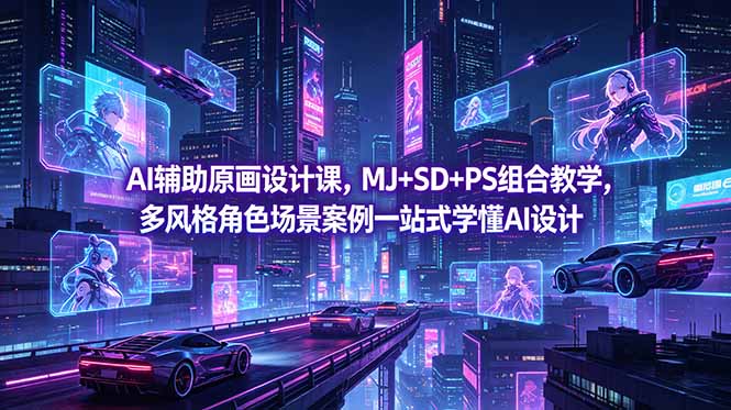 AI辅助原画设计课，MJ+SD+PS组合教学，多风格角色场景案例一站式学懂AI设计-明楼资源站