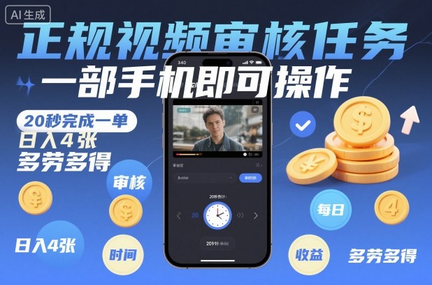 正规视频审核任务，一部手机即可操作，20秒完成一单，日入4张，多劳多得【揭秘】-明楼资源站