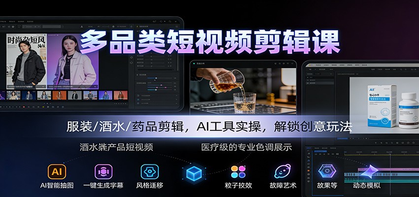 多品类短视频剪辑课：服装/酒水/药品剪辑，AI工具实操，解锁创意玩法-明楼资源站