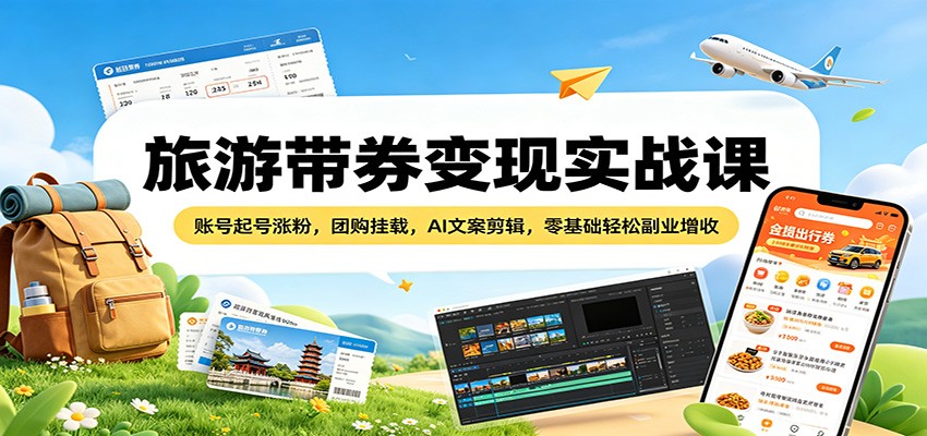 旅游带券变现实战课：账号起号涨粉，团购挂载，AI文案剪辑，零基础轻松副业增收-明楼资源站