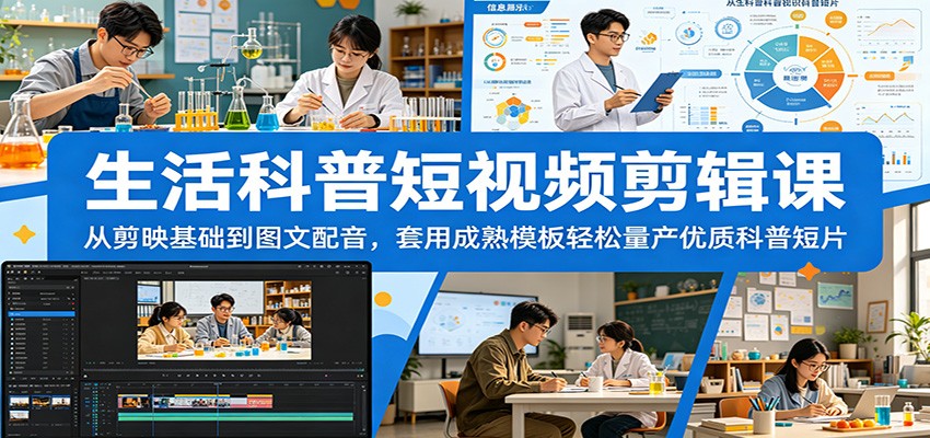生活科普短视频剪辑课：从剪映基础到图文配音，套用成熟模板轻松量产优质科普短片-明楼资源站