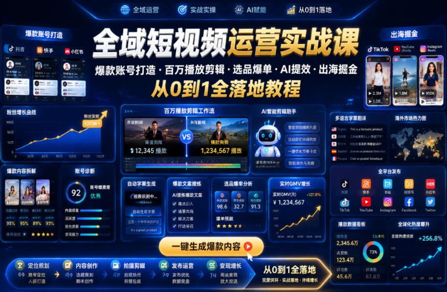 全域短视频运营实战课，爆款账号打造・百万播放剪辑・选品爆单・AI提效・出海掘金，从0到1全落地教程-明楼资源站