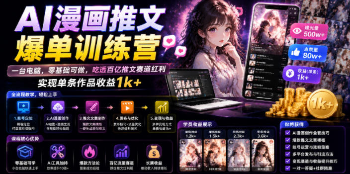 AI漫画推文爆单训练营，一台电脑，零基础可做，吃透百亿推文赛道红利，实现单条作品收益1k+-明楼资源站