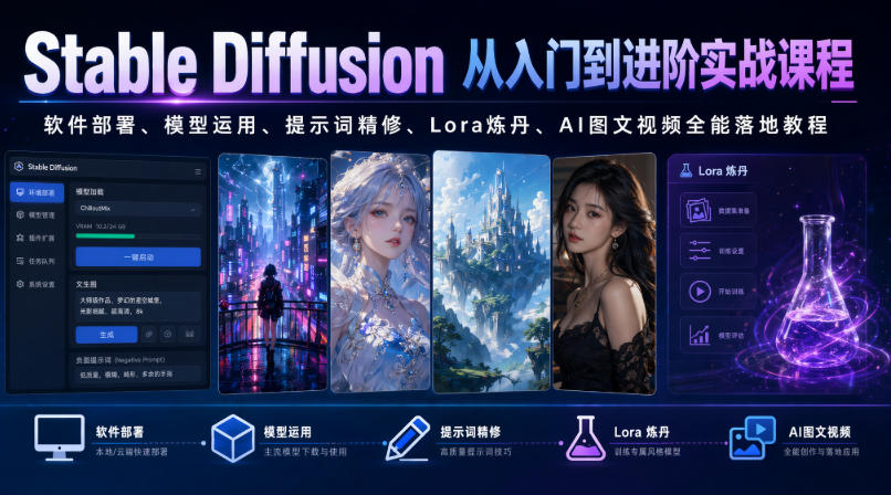 Stable Diffusion从入门到进阶实战课程｜软件部署、模型运用、提示词精修、Lora炼丹、AI图文视频全能落地教程-明楼资源站