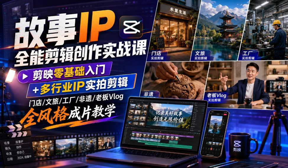 故事IP全能剪辑创作实战课｜剪映零基础入门+多行业IP实拍剪辑，门店/文旅/工厂/非遗/老板Vlog全风格成片教学-明楼资源站